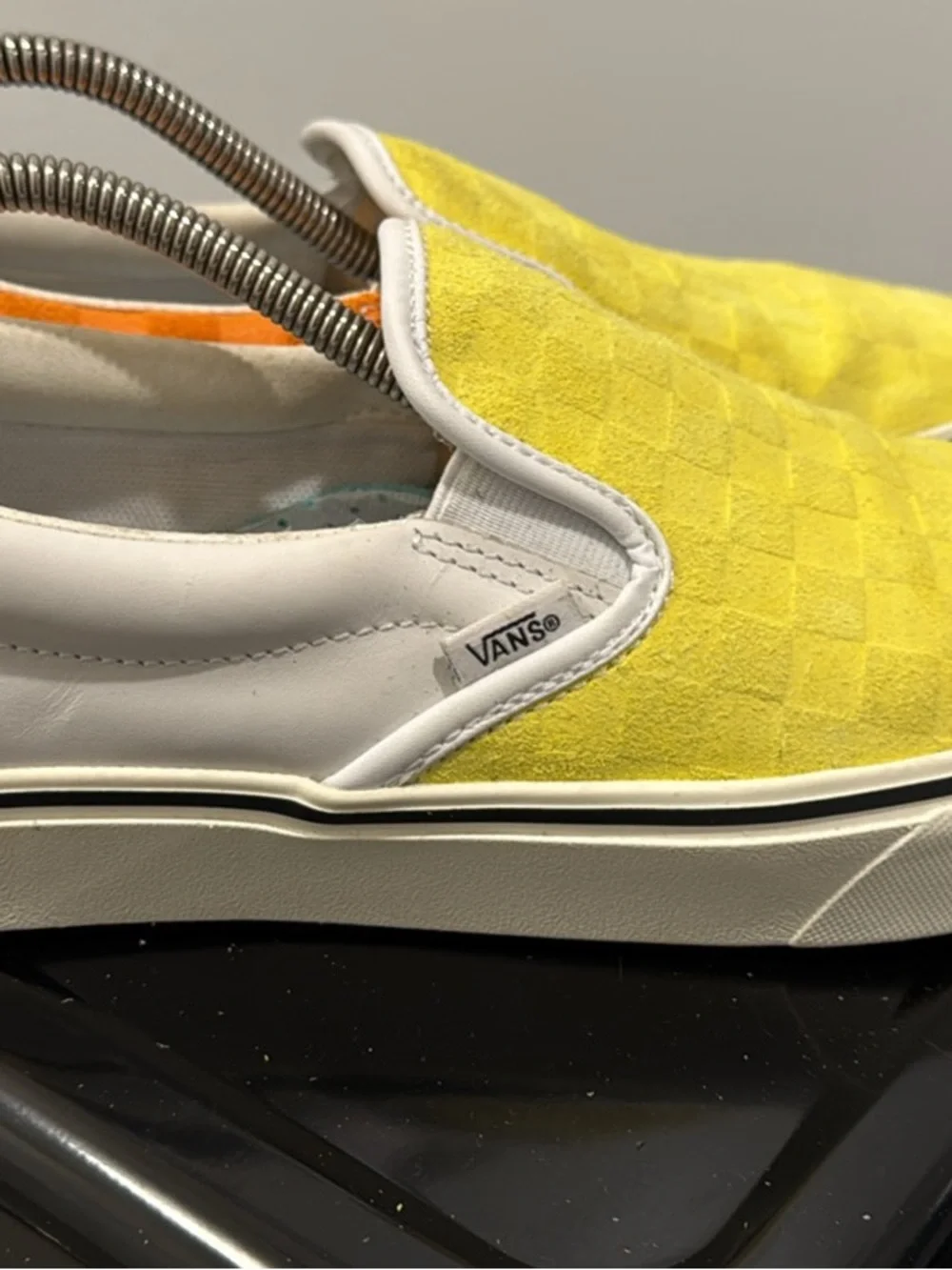Vans Yellow Checkerboard Slip-On Loafers with Orange Heel Accent